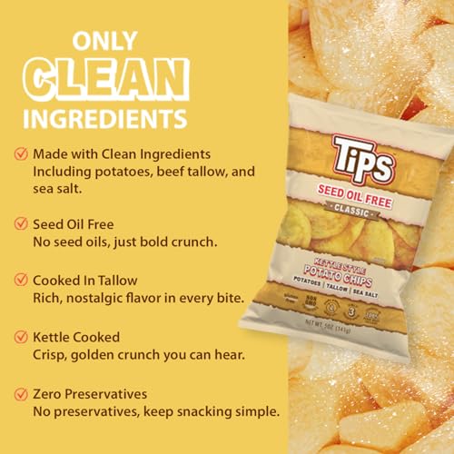 Image of TIPS Potato Chips - Snack Pack - Tallow Cooked - Seed Oil Free & Gluten Free - Kettle Style Potato Chips Made with Potatoes, Beef Tallow, and Sea Salt (5oz 4 Pack, Sea Salt)