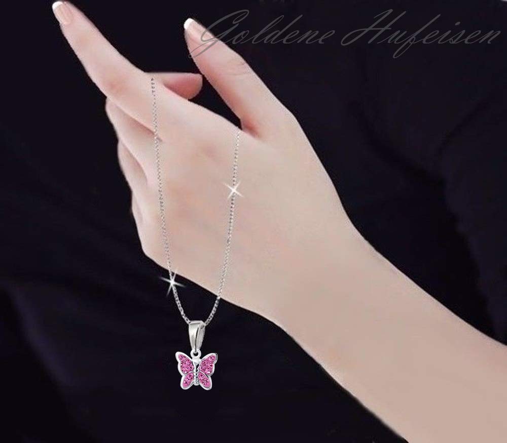 Goldene Hufeisen Mädchen Kinder Kristall Schmetterling Brisur Ohrringe + Anhänger + 40cm Kette 925 Silber Set