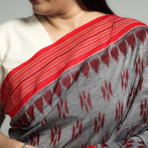 Image of Ikat Women's Pure Cotton Saree Traditional Craftsmanship Double Ikat Weaving Floral Handmade Ethnic Saree without Blouse Piece