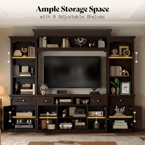 Image of AMERLIFE 102.8 inch Wall Unit TV Stand with Cabinet & Storage, Large Entertainment Center for TVs up to 65, Media Console with Bookshelves, Adjustable Shelf for Living Room, Dark Walnut