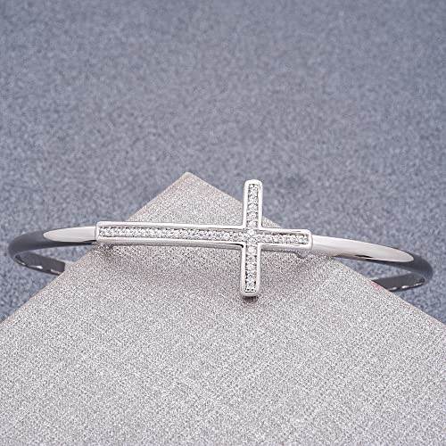 Timeless Love 1/10 Cttw Diamond 6.5" Cross Bangle Bracelet Set In Sterling Silver, Dainty Jewelry For Women, Luxury Fashion Bangle For Women Or Girls, Women’s Religious Faith Jewelry Gifts #TOP4