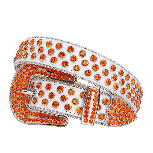 TINIDI Western Men Women Rhinestone Belts Bling Bling Studded Diamond Leather Belts (White and Orange, Fit Waist 30-32 inches)