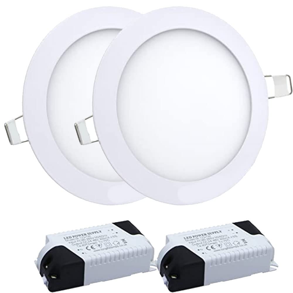 Manningham Lighting LED Recessed Downlight Panel – Pack of 2 6W Energy-Efficient Ultra-Thin Round Ceiling Spotlight with Driver Cool White 6500K - Flat Panel Down Light for Bedroom, Kitchen, Office