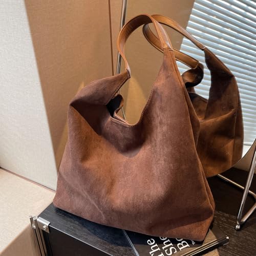 Image of Dyalsa Suede Hobo Bag for Women, Suede Tote Purse Vintage Top Handle Bag, Fashion Retro Shoulder Bag Work Leather Bag