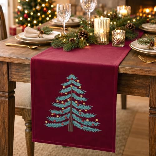 Irenare Velvet Christmas Tree Table Runner Embroidered 13x72 Inch...