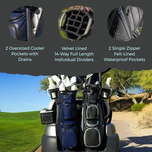 REVCORE Luxury Golf Cart Bag, Premium Synthetic Leather, 14 Way Dividers, Black Alloy Hardware, 9 Pockets w/2 Insulated Cooler, 2 Felt-Lined Valuable & Oversized Putter Well - Thumbnail 5