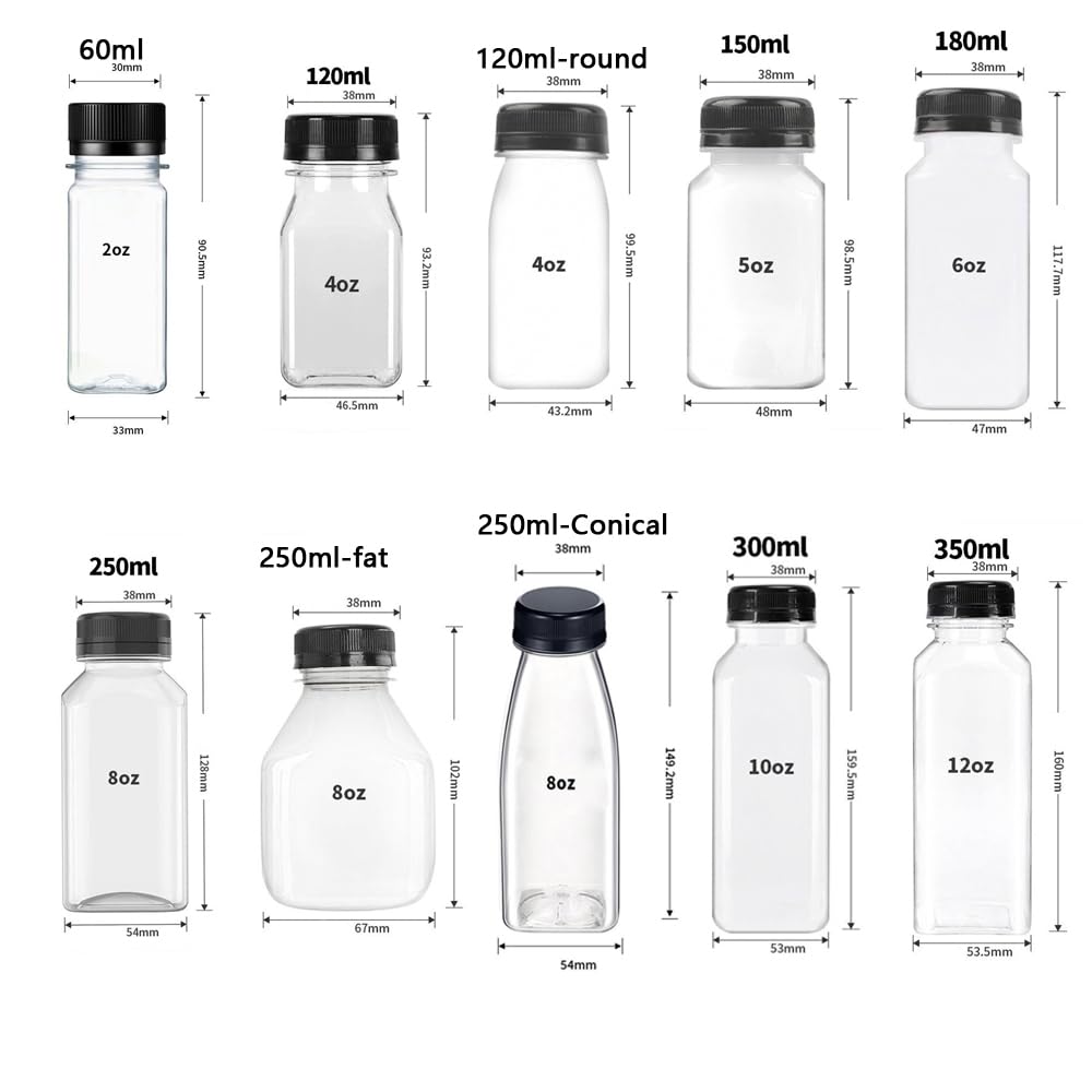 50 bottiglie vuote in plastica trasparente, riutilizzabili, per succhi di frutta, con tappo a vite, contenitori da viaggio con imbuto, riutilizzabili, per acqua, frullati e latte (1000 ml, tappo nero