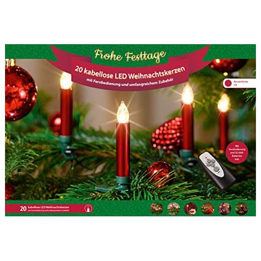 20 premium julljus tillbehör trådlös timer dimfunktion GS testad batterier julbelysning | julgranbelysning för inomhus och skyddad utomhusbruk (röd)