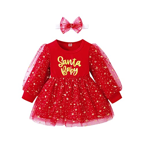 HodJIU Robe de Noël Bébé Fille Rouge à Manches Longues Robe Princesse Tutu en Tulle Imprimé +Bandeau Costume de Noël Tenue de Vêtements 2Pcs (Rouge, 2-3 Years) Cover