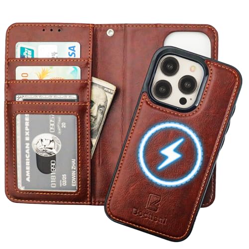 Bocasal for iPhone 15 Pro Wallet Case Compatible with MagSafe Wireless Charging RFID Blocking Magnetic Leather Case with Card Slots Holder Kickstand Detachable Wrist Strap 6.1 Inch (Brown)