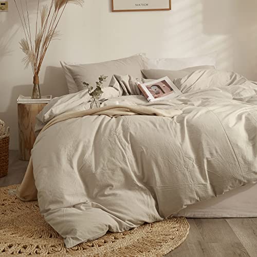 Solid Beige Duvet Cover Queen Size Soft Washed Cotton Beige Bedding Sets Full Modern Style Boho Beige Comforter Cover Cotton Linen Feel Light Tan Duvet Quilt Cover Beige Color Bedding Collection #TOP2
