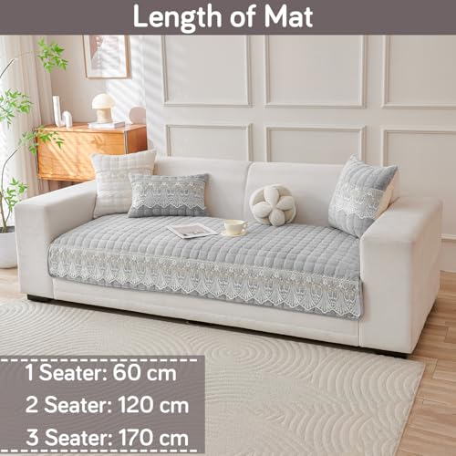Image of HOKIPO 'BelleLace Series' Imperial Milk Velvet Sofa Cover Mat for 2 Seater Sofa, Lace Design, Cloud Grey (AR-5964-LGRY*1)