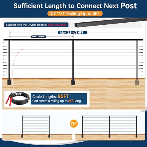 Image of 4-8ft Side Mount Cable Railing Post Kit for 36 inch Deck Railing System | 2 Pack Space-Saving Level Post Kit, Fascia Mount Deck Posts for Deck DIY Length, T304 Black Posts System for Indoor & Outdoor
