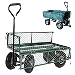 Garden TRAILER Cart with Liner Pull Along Trolley Heavy Duty Green Mesh Utility Gardeners Wagon, Removable Folding Sides, Pneumatic Tyres, Outdoor Cart for Gardening, Festivals, Camping 200Kg Loading