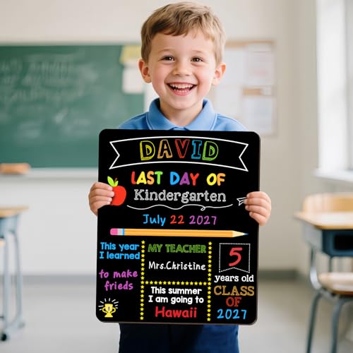 First & Last Day of School Signs with 6 Writing Pens, 10 x 12 Inch Double Sided Back to School Board for Kids/Girls/Boys, Reusable Wooden 1st Day of Preschool/Kindergarten Photo Props