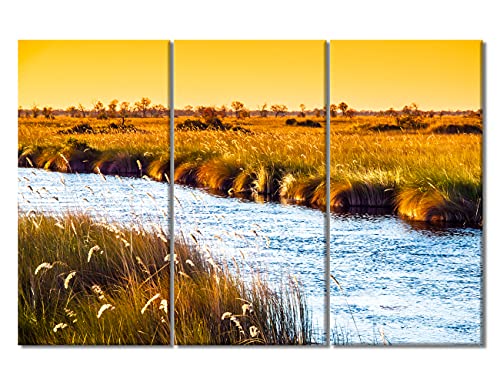3 Piece Wall Art, Romantic Sunset At African River, Evening In Africa Landscape Art Painting, Stretched Canvas Art Gold Decor Ready to Hang for Living Room Bedroom Office Home Walls, 60"Wx40"H