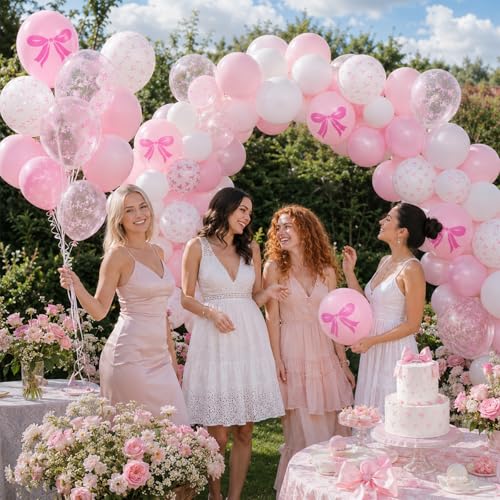Image of Bow Balloons, 60 Pcs 12 Inch Pink White Clear Latex Balloons for Baby Girl Birthday Party Decorations Bow Themed Bridal Shower Coquette Party Decor