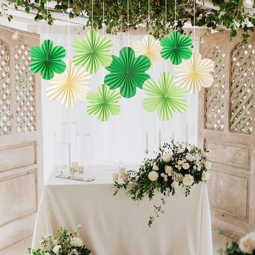Image of SUNBEAUTY Green Paper Flowers Decorations for Wall, Spring Summer Paper Fans Decor, Classroom Decor Paper Floral Backdrop Paper Flowers Decoration Hanging Paper Fans Green Flower Wall Decor, Set of 9
