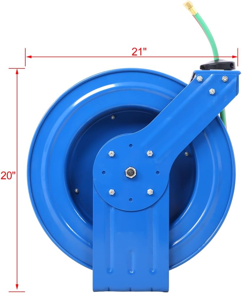 Heavy Duty Single Arm Welding Hose Reel Retractable 1/4 Inch x 100 Foot Twin Oxygen Acetylene Rubber Hoses, 200PSI Max Pressure, Industrial Construction