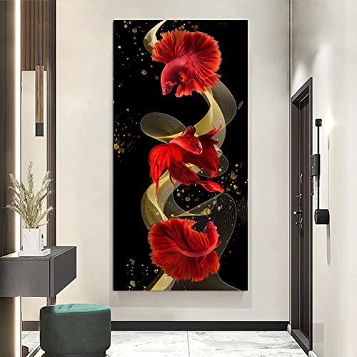 Peinture style européen moderne de luxe lucky koi avec cadre noir 75x150