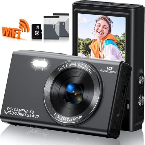 Digital Camera, FHD Kids Cameras for Photography, 4K 44MP Compact Point and Shoot Camera for Kids, Teens and Beginners with 32GB SD Card, 2 Rechargeable Batteries (CAM26)
