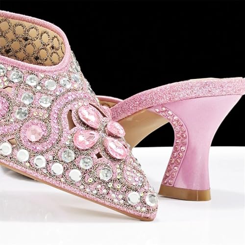 Women's Pink Italian Party Set - Comfortable Low Heel Sandals & Rhinestone Clutch for Casual Events4