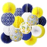 JarThenaAMCS 18 Pcs Capri Lemon Hanging Lantern Kit Paper Lantern with Blue Yellow White Honeycomb Ball Paper Fan Summer Mediterranean Decor for Baby Shower Birthday Wedding