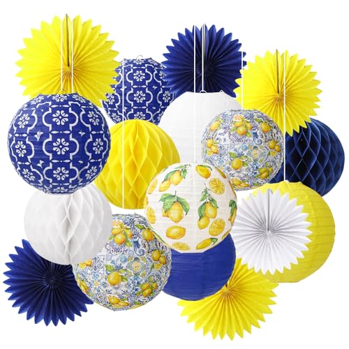 JarThenaAMCS 18 Pcs Capri Lemon Hanging Lantern Kit Paper Lantern with Blue Yellow White Honeycomb Ball Paper Fan Summer Mediterranean Decor for Baby Shower Birthday Wedding