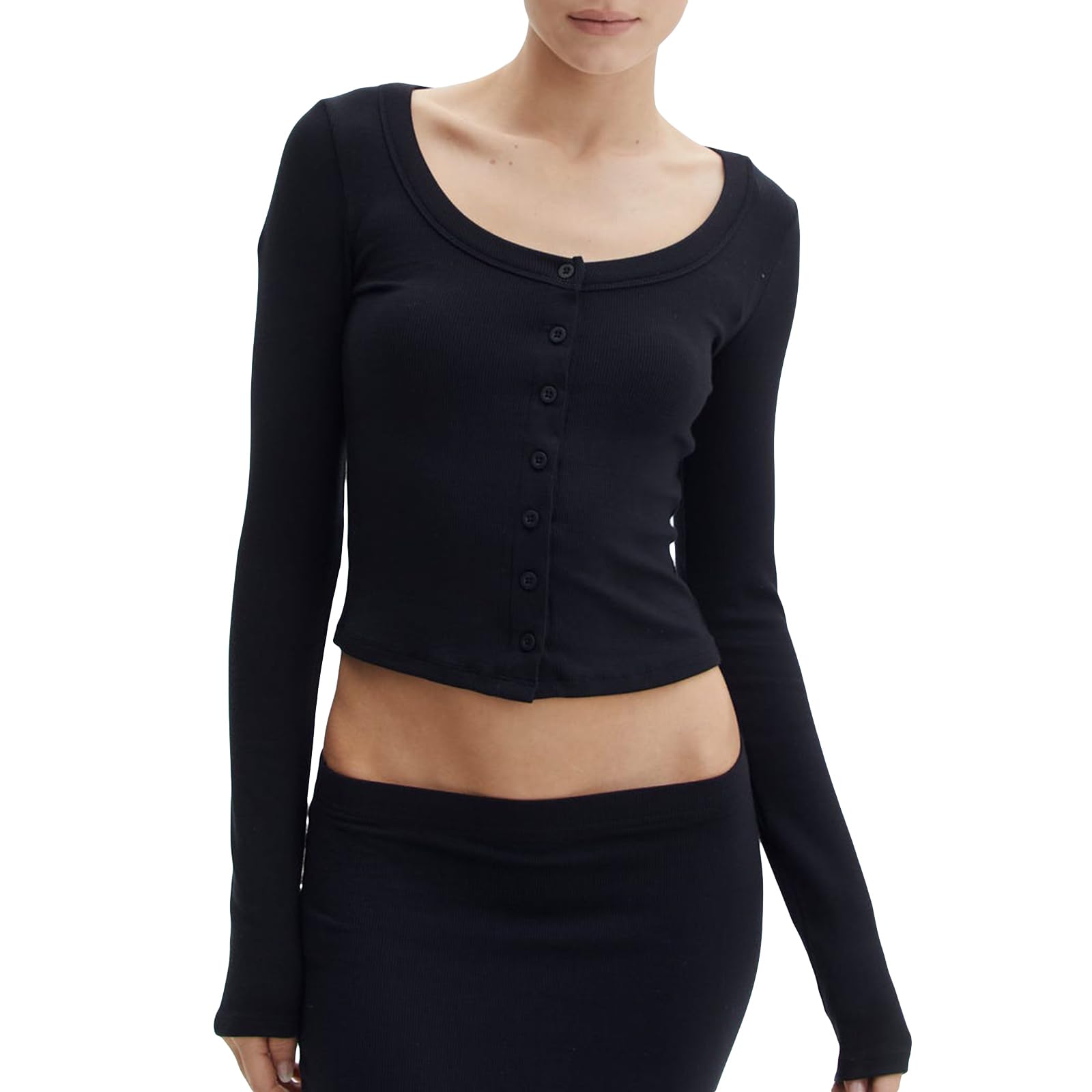 Women Y2k Button Ribbed Slim Crop Top Long Sleeve Sexy Skinny Shirt Casual Basic Cardigan Tee