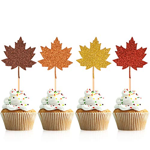 Donoter 48 Pcs Glitter Maple Leaf Cupcake Topper Picks For Thanksgiving Fall Harvest Party Cake Decorations #TOP8