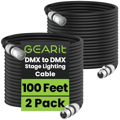 GEARit DMX Cable 100 ft 2 Pack, 3 Pin DMX Cable, XLR Male to Female DMX Lighting Cable for DJ Lights, LED Moving Head Lights, Par Lights, Stage Lights, Lighting Controller