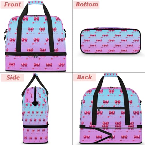 Blue Pink Flower Travel Duffel Bags for Women & Men Large Sports Gym Bags Foldie Weekender Overnight Bag Carry On Tote Bag With Shoe Compartment Personal Item Luggage for Travel Sports Gym3