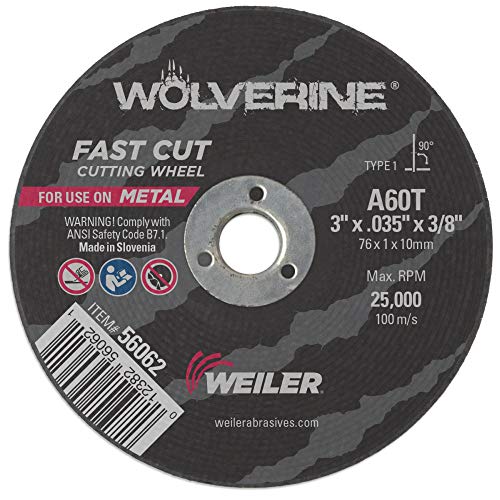 Image of Weiler 56062 3-Inch Cutting Wheel, Wolverine AO Steel /Metal Fast Cut, Value Cutting, 0.035 inch A60T Type 1 3 /8 inch Arbor (Pack of 100)