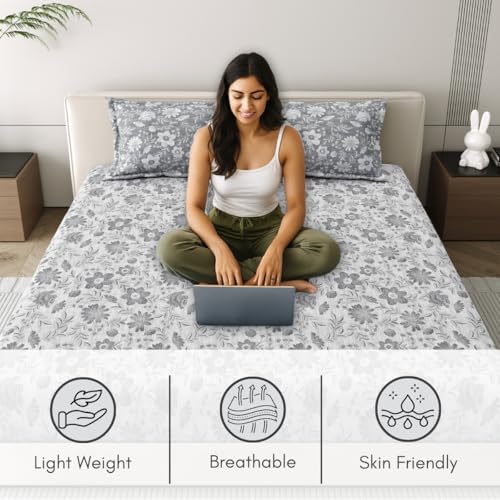 Image of Mafatlal 186 Tc Corsica Pure Cotton King Size Bedsheet | 274 X 274 Cm | Summer Flat Sheet for Relaxing Sleep Comfort | Includes 2 Pillow Covers | Grey Luster