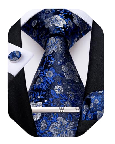 Image of DiBanGu Silk Floral Ties for Men Woven Paisley Necktie and Tie Clip Handkerchief Cufflinks Set for Party Wedding