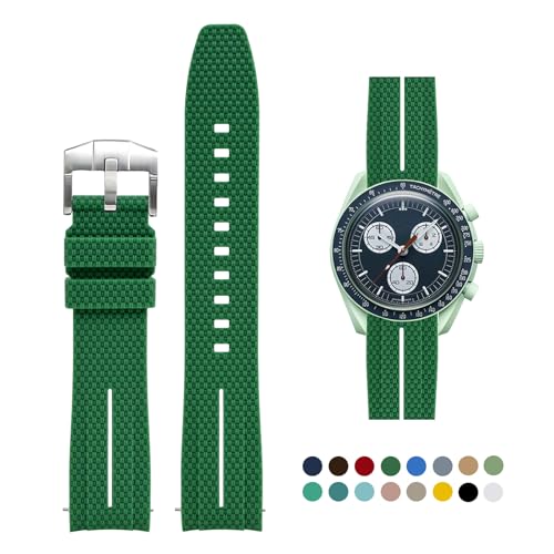 OLLREAR Silikon-Uhrenarmbänder 20mm für Omega x Swatch MoonSwatch/Rolex Watch, Schnellverschluss, Omega Swatch Armband mit Silber Schnalle für Herren Damen, Dunkelgrün&Weiß