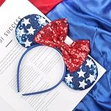 4th of July Headbands for Women, Independence Day Hairband with Sequin Mouse Ears Bow Star Hair Hoop Red White and Blue Head Bopper for Fourth of July Parades Party Costume Accessories