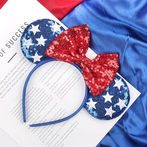 4th of July Headbands for Women, Independence Day Hairband with Sequin Mouse Ears Bow Star Hair Hoop Red White and Blue Head Bopper for Fourth of July Parades Party Costume Accessories