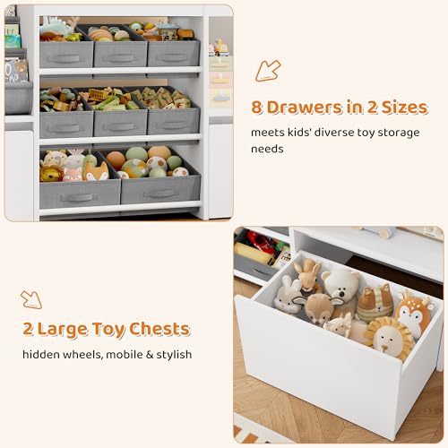 HOCSOK Toy Storage Unit, 3-Tier Kids Bookshelf, Toy Organiser with 8 Fabric Bins, 3 Open Shelves, 2 Wheeled Drawers, Kids Storage Units for Nursery, Playroom, Bedroom, White 158x80x29.7cm - Image 6