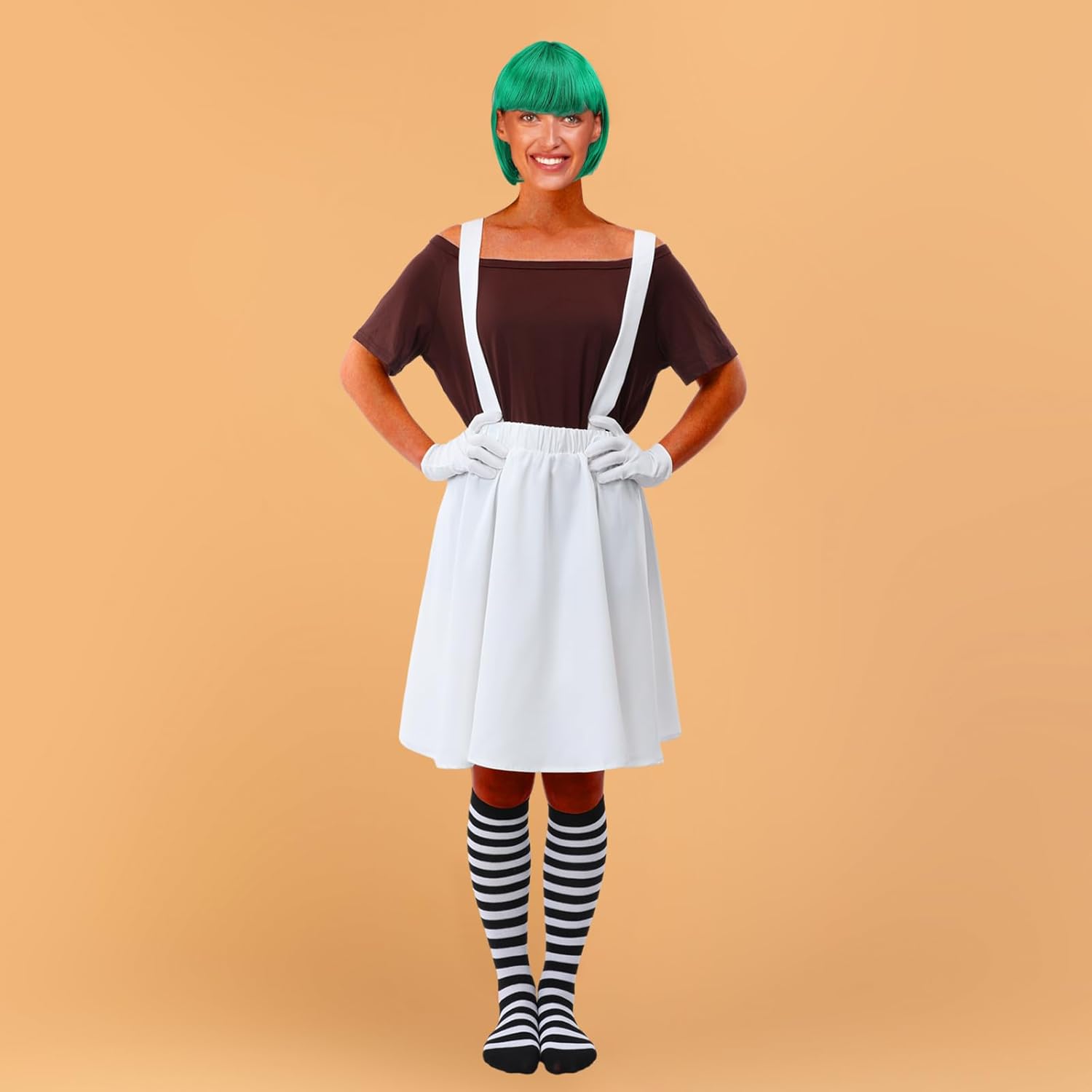 Hicarer 5 Pcs Halloween Women Chocolate Worker Costume Accessories, Costume Includes T Shirt White Skirt with Braces Green Wig Gloves Socks for Women Cosplay Party