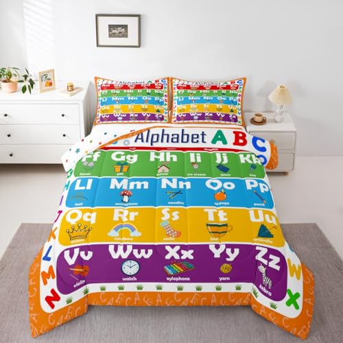 Image of Feelyou ABC Alphabet Comforter Set King Size, Learning Alphabet Bedding Set Kids Toddler Educational Comforter Word Educational Duvet Set Durable Bed Set 3Pcs