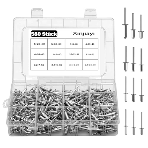 Xinjiayi 580 tlg Aluminium Nieten, Nieten Set 2,4/3/3,2/4/5 mm, 12 Größen Silber Blindnieten Set, Popnieten Sortiment für Blindnietzangen, Metall Möbel Holz Marine Schiffsbau