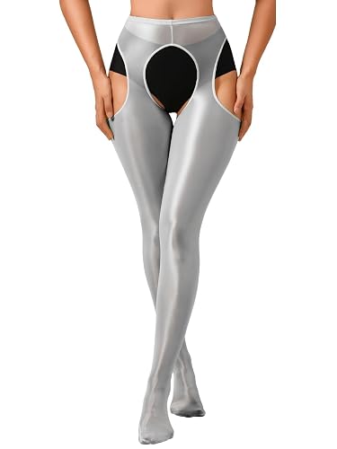 ChiaoLezhee Shiny Tights, Sheer High-Waisted, Suspender Pantyhose For Women Rave Party Outfits Leggings Pants Exotic - Black - Small