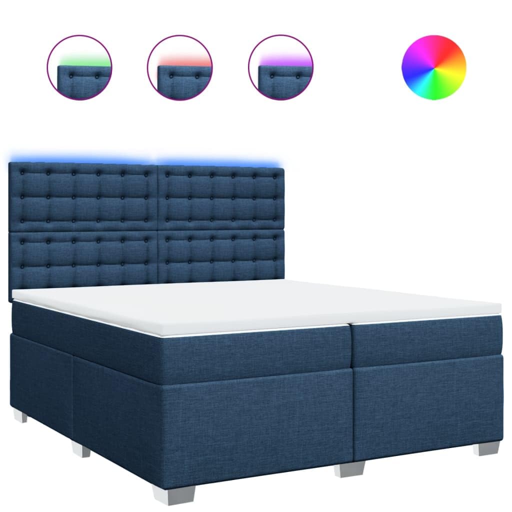Cama con somier con colchón, azul, 200 x 200 cm, tela, cómoda cama tapizada con iluminación LED, cabecero regulable en altura y colchón de muelles ensacados para dormitorio