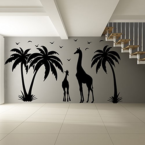 (200 x 109 cm) de la pared del vinilo adhesivo de paraíso de isla con palmeras, aves y jirafas/lindo bebé jirafas con familia arte decoración wallkraft/GRATIS + Mural twistfix TecGadgets regalo al azar!