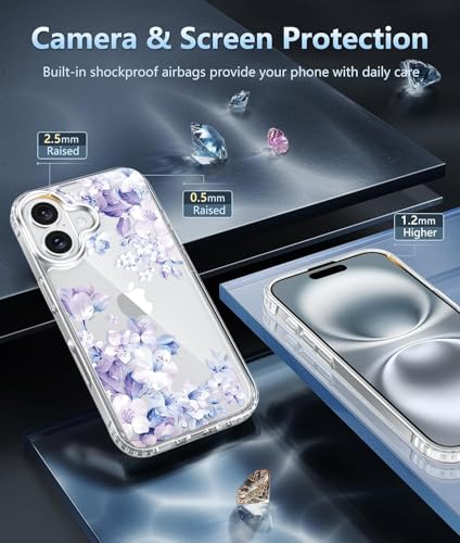 Image of Elzzi Clear Transparent Flower Cover for iPhone 17 Case Shockproof Floral Design Full Camera Protection Shockproof PC+TPU Transparent Cover for Girls & Women (Purple)