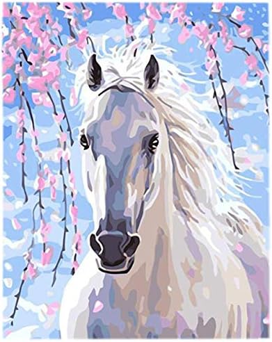 SONBY DIY Paint by Numbers Kits for Adults White Horse Spring Peach Painting by Number for Home Wall Decor,16x20" Unmounted Frameless Canvas,Paints and Brushes