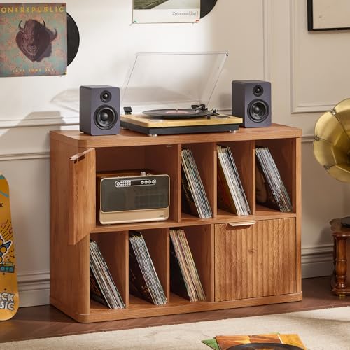 Image of LEYAOYAO Large Record Player Stand with Vinyl Storage Up to 450 Albums, Wood Fluted Boho Record Storage Accent Cabinet, Modern Stereo Media Cabinets, Wide Turntable Stand for Living Room, Tea Brown