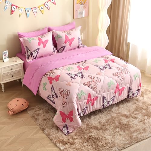 Image of Pink Girls Butterfly Bedding Set Full Size 7 Piece Glow in The Dark Butterfly Comforter with Sheets & Pillowcases Soft Microfiber Bed in A Bag for Kids Teens All Season