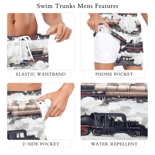 Train Print Men's Swim Trunks with Liner Quick Dry Beach Shorts Swimwear Bathing Suit S-XXL2